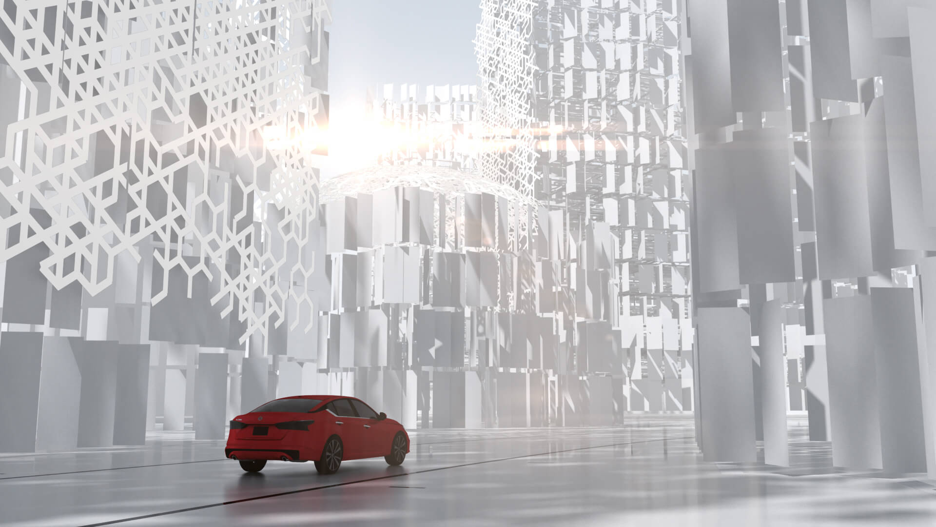 3D environment concept showing layered cityscape with illuminated building facades.